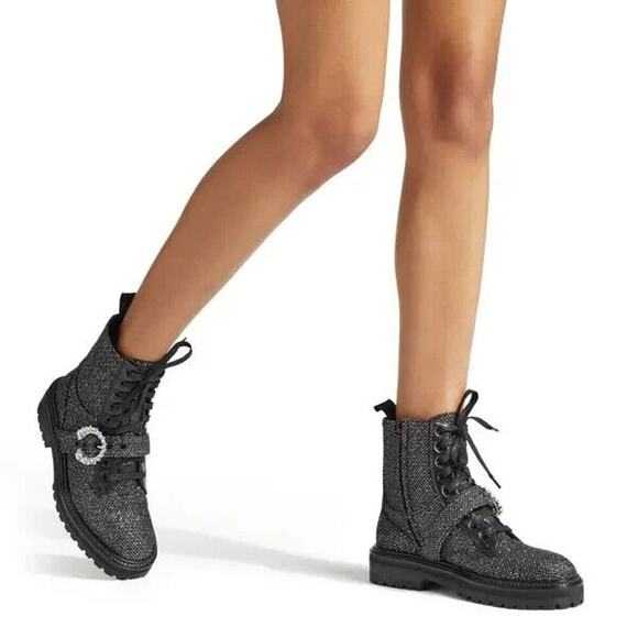 NWOB Jimmy Choo Cora Marl Embellished Glistening Tweed Combat Boots Sz EU 36 - Picture 2 of 13